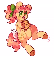 Size: 2500x2700 | Tagged: safe, artist:cocopudu, munchy, earth pony, pony, g1, beanbrows, belly, bow, burger, cloven hooves, eating, eyebrows, female, food, hair bow, high res, hoof hold, mare, not posey bloom, open mouth, simple background, solo, tail, tail bow, white background