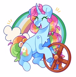 Size: 2867x2903 | Tagged: safe, artist:cocopudu, oc, oc only, oc:sherbet blossom, pony, unicorn, cloven hooves, emanata, female, high res, mare, open mouth, open smile, rainbow, signature, simple background, smiling, solo, wheel, white background