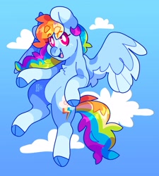 Size: 2500x2781 | Tagged: safe, artist:cocopudu, rainbow dash, pegasus, pony, g4, beanbrows, belly, chest fluff, cloven hooves, eye clipping through hair, eyebrows, female, flying, high res, mare, open mouth, open smile, sky background, smiling, solo, spread wings, white pupils, wings