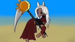 Size: 1920x1080 | Tagged: safe, artist:countderpy, oc, oc only, earth pony, pony, clothes, dress, female, final fantasy, final fantasy xiv, gradient background, mare, moon, scythe, solo, sun, viera