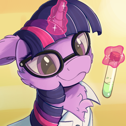 Size: 1000x1000 | Tagged: safe, artist:candy meow, sci-twi, twilight sparkle, pony, unicorn, equestria girls, g4, :3, abstract background, cheek fluff, chest fluff, clothes, ear fluff, equestria girls ponified, female, floppy ears, glasses, lab coat, magic, mare, meme, solo, telekinesis, test tube, unicorn sci-twi