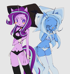 Size: 1270x1346 | Tagged: safe, artist:anek68sl, starlight glimmer, trixie, unicorn, anthro, g4, bell, bell collar, blushing, boob window, bra, breasts, cat lingerie, cleavage, clothes, collar, cuffs (clothes), eyes closed, female, hat, lesbian, lingerie, midriff, panties, ship:startrix, shipping, stockings, thigh highs, underwear, witch hat