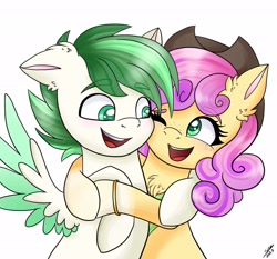 Size: 2048x1910 | Tagged: safe, artist:galaxy swirl, oc, oc only, oc:dreamer skies, oc:quickdraw, earth pony, pegasus, pony, chest fluff, commissioner:dhs, cowboy hat, earth pony oc, eyebrows, floppy ears, happy, hat, hug, looking at each other, looking at someone, one eye closed, pegasus oc, simple background, smiling, smiling at each other, white background