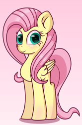 Size: 2700x4100 | Tagged: safe, artist:n0kkun, fluttershy, pegasus, pony, g4, female, folded wings, gradient background, high res, looking at you, mare, smiling, smiling at you, solo, standing, three quarter view, wings