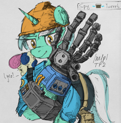 Size: 1321x1340 | Tagged: safe, artist:uteuk, bon bon, lyra heartstrings, sweetie drops, earth pony, pony, unicorn, g4, /mlp/ tf2 general, amputee, duo, engineer, engineer (tf2), female, gunslinger (tf2), hat, killfeed, mare, prosthetic limb, prosthetics, sentry, solo focus, spy, spy (tf2), team fortress 2, text