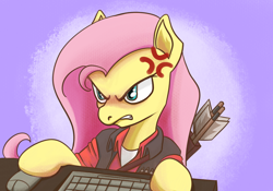 Size: 1500x1047 | Tagged: safe, fluttershy, pegasus, pony, g4, /mlp/ tf2 general, angry, arrow, computer mouse, cross-popping veins, emanata, female, fluttershy is not amused, frustrated, gaming, keyboard, mare, sniper, sniper (tf2), snipershy, team fortress 2, unamused