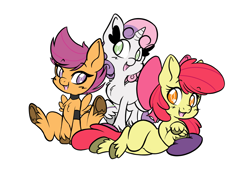 Size: 2388x1668 | Tagged: safe, artist:steelsoul, apple bloom, scootaloo, sweetie belle, earth pony, pegasus, pony, unicorn, g4, adorabloom, apple bloom's bow, armband, bow, choker, cute, cute little fangs, cutealoo, cutie mark crusaders, diasweetes, eyelashes, fangs, female, filly, foal, hair bow, happy, open mouth, open smile, pose, simple background, smiling, unshorn fetlocks, white background, wingding eyes