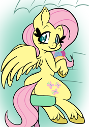 Size: 1668x2388 | Tagged: safe, artist:steelsoul, fluttershy, pegasus, pony, g4, butt, butt focus, cute, female, flutterbutt, food, ice cream, looking at you, looking back, mare, plot, shyabetes, sitting, smiling, smiling at you, stool, umbrella, unshorn fetlocks