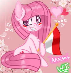 Size: 1280x1304 | Tagged: safe, artist:kittiebases, artist:teahie821, oc, oc only, oc:annisa trihapsari, earth pony, pony, blushing, cherry blossoms, earth pony oc, flag, flower, flower blossom, grin, gritted teeth, happy, heart, indonesia, looking at you, signature, sitting, smiling, smiling at you, solo, teeth