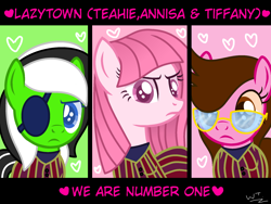 Size: 2048x1536 | Tagged: dead source, safe, artist:kittiebases, artist:teahie821, oc, oc only, oc:annisa trihapsari, oc:teahie, oc:tiffany fisher, earth pony, pony, series:the guardian of leadership, base used, crossover, earth pony oc, eyepatch, female, glasses, heart, lazytown, signature, text, trio, trio female, we are number one