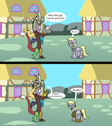 Size: 1920x2160 | Tagged: safe, artist:platinumdrop, derpy hooves, dinky hooves, discord, draconequus, pegasus, pony, unicorn, g4, 2 panel comic, antagonist, building, comic, commission, crying, cup, dialogue, drink, ears back, female, filly, finger snap, floppy ears, foal, food, horns, house, inanimate tf, magic, male, mare, muffin, open mouth, open smile, ponyville, prank, scared, sky, smiling, smug, smug smile, speech bubble, surprised, talking, teacup, teapot, tears of sadness, town, transformation, tray, trio, window, wings, wings down