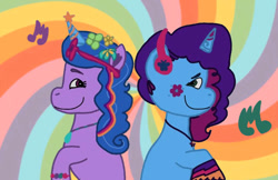 Size: 621x402 | Tagged: safe, artist:starrscout-23, izzy moonbow, misty brightdawn, pony, unicorn, g5, bridlewoodstock, digital art, female, headphones, jewelry, looking at each other, looking at someone, low quality, mare, music notes, necklace, ocean lily, rebirth misty, sharing headphones, style of the day, vibing