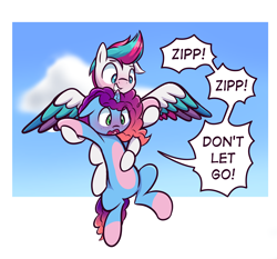 Size: 3000x2800 | Tagged: safe, artist:magician-horse, misty brightdawn, zipp storm, pegasus, pony, unicorn, g4, g5, belly, blushing, carrying, cloud, coat markings, dialogue, duo, female, floppy ears, flying, g5 to g4, generation leap, grin, high res, holding a pony, lesbian, looking down, one ear down, open mouth, pale belly, passepartout, rebirth misty, scared, ship:dawnstorm, shipping, simple background, smiling, socks (coat markings), speech bubble, spread wings, varying degrees of amusement, wings