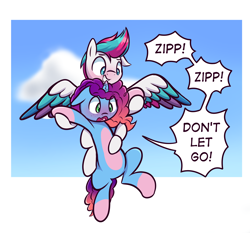 Size: 3000x2800 | Tagged: safe, artist:magician-horse, misty brightdawn, zipp storm, pegasus, pony, unicorn, g4, g5, belly, blushing, carrying, cloud, coat markings, dialogue, duo, female, floppy ears, flying, g5 to g4, generation leap, grin, high res, holding a pony, lesbian, looking down, one ear down, open mouth, pale belly, passepartout, rebirth misty, scared, ship:dawnstorm, shipping, smiling, socks (coat markings), speech bubble, spread wings, varying degrees of amusement, wings