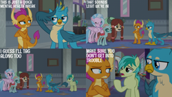 Size: 2000x1125 | Tagged: safe, edit, edited screencap, editor:quoterific, screencap, gallus, ocellus, sandbar, silverstream, smolder, yona, changedling, changeling, dragon, earth pony, griffon, hippogriff, pony, yak, g4, school daze, school of friendship, student six