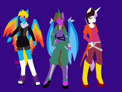 Size: 4128x3096 | Tagged: safe, artist:destiny_manticor, oc, oc only, oc:destiny manticor, oc:mundestr, oc:pearl hono, alicorn, pegasus, pony, unicorn, semi-anthro, arm hooves, blue wings, claws, clothes, colored wings, digital art, female, fluffy hair, hand, horn, male, multicolored wings, old art, simple background, wing claws, wings