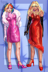Size: 3000x4500 | Tagged: safe, artist:kirrrai, applejack, rainbow dash, human, g4, alternate hairstyle, applejack also dresses in style, bracelet, clothes, dress, duo, evening gloves, eyeshadow, feather boa, feet, female, gloves, high heels, humanized, jewelry, lipstick, long gloves, makeup, moderate dark skin, necklace, rainbow dash always dresses in style, shoes