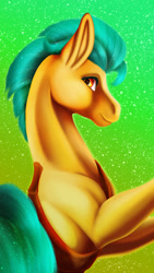 Size: 1080x1920 | Tagged: safe, artist:oneiria-fylakas, hitch trailblazer, earth pony, pony, g5, abstract background, hoers, looking at you, looking sideways, male, muscles, raised hoof, rearing, side view, smiling, smiling at you, solo, sparkles, stallion, sternocleidomastoid