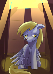 Size: 1920x2716 | Tagged: safe, artist:platinumdrop, derpy hooves, pegasus, pony, g4, accident, alone, building, commission, crash, crepuscular rays, crying, cute, damaged, destruction, female, floppy ears, i just don't know what went wrong, mare, raised hoof, sad, sadorable, sitting, solo, tears of sadness, teary eyes, underhoof, wings, wings down, wooden floor