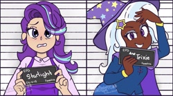 Size: 2357x1321 | Tagged: safe, starlight glimmer, trixie, human, g4, barbie, barbie (film), barbie mugshot meme, duo, female, humanized, lesbian, meme, mugshot, reference, ship:startrix, shipping