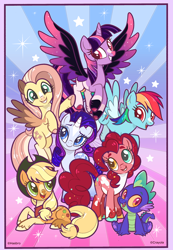 Size: 2184x3150 | Tagged: safe, artist:queerhorses, applejack, fluttershy, pinkie pie, rainbow dash, rarity, spike, twilight sparkle, alicorn, dragon, earth pony, pegasus, pony, unicorn, g4, alternate design, coloring page, female, high res, looking at you, male, mane seven, mane six, mare, smiling, smiling at you, spread wings, twilight sparkle (alicorn), wings