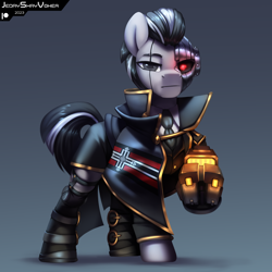 Size: 3000x3000 | Tagged: safe, artist:jedayskayvoker, oc, oc:twilight ironclade, cyborg, earth pony, pony, amputee, boots, cape, clothes, earth pony oc, gradient background, high res, lineless, looking at you, male, necktie, prosthetic eye, prosthetic limb, prosthetics, red eye, shirt, shoes, shorts, solo, stallion