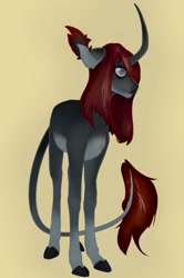 Size: 561x845 | Tagged: safe, artist:lake_reu, oc, oc only, pony, unicorn, cloven hooves, curved horn, female, horn, leonine tail, simple background, solo, tail, tan background