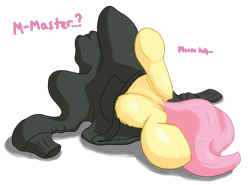 Size: 2160x1600 | Tagged: safe, alternate version, artist:callichrome, fluttershy, pegasus, pony, g4, adorable distress, clothes, cute, dock, featureless crotch, female, hoodie, mare, rear view, shyabetes, simple background, solo, stuck, tail, text, transparent background, trapped