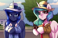 Size: 2300x1500 | Tagged: safe, artist:shadowreindeer, princess celestia, princess luna, alicorn, pony, g4, clothes, cosplay, costume, crossover, double barreled shotgun, duo, duo female, fedora, female, gun, hat, horn, joe barbaro, mafia, mafia 2, mare, necktie, royal sisters, shirt, shotgun, siblings, sisters, spoilers for another series, suit, the implications are horrible, this will end in death, vito scalleta, weapon, wings