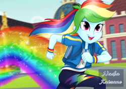 Size: 1754x1240 | Tagged: safe, artist:nadiakaizane, rainbow dash, human, equestria girls, g4, my little pony equestria girls: better together, run to break free, clothes, female, geode of super speed, hoodie, leggings, magical geodes, movie accurate, open mouth, open smile, rainbow trail, shirt, signature, smiling, solo, sweater, teenager, wristband