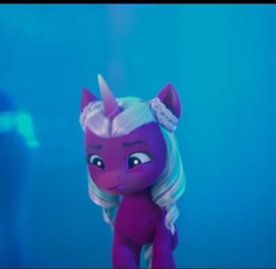 Size: 712x695 | Tagged: safe, screencap, opaline arcana, alicorn, pony, g5, my little pony: make your mark, my little pony: make your mark chapter 4, sunny side up, spoiler:g5, blue background, cropped, disappointed, female, filly, filly opaline arcana, foal, horn, looking down, offscreen character, sad, simple background, solo, standing, younger