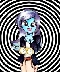 Size: 822x972 | Tagged: safe, artist:liaaqila, oc, oc only, oc:spiral swirl, human, equestria girls, g4, female, hand, hypnosis, hypnotist, looking at you, obey, open mouth, open smile, pendulum, pendulum swing, pocket watch, smiling, solo, spiral, spiral background, stage, swing, traditional art