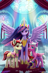 Size: 2167x3288 | Tagged: safe, alternate version, artist:robin jacks, idw, opaline arcana, twilight sparkle, oc, oc:garnet flare, alicorn, pony, unicorn, g4, g5, the last problem, armor, badge, blue eyes, blue mane, blue tail, braid, braided tail, canterlot throne room, castle, chestplate, clothes, cloven hooves, colored wings, comic book, comic cover, crepuscular rays, crown, curved horn, eyebrows, fan cover, female, flowing mane, gold, hair, hair bun, height difference, helmet, high res, hoof hold, hoof shoes, horn, i can't believe it's not idw, jewelry, long mane, looking at you, mane, mare, moon, multicolored hair, multicolored mane, multicolored tail, older, older twilight, older twilight sparkle (alicorn), palace, peytral, ponytail, princess shoes, princess twilight 2.0, purple eyes, purple hair, purple mane, purple tail, red eyes, red hair, red mane, red tail, reflection, regalia, royal guard, royal guard armor, royalty, shading, shadow, shine, shiny, shoes, smiling, smiling at you, sparkles, sparkly mane, sparkly tail, spread wings, stained glass, standing, striped mane, striped tail, sun, sunlight, tail, tall, throne room, trio, trio female, twilight sparkle (alicorn), twilight sparkle's cutie mark, two toned mane, two toned tail, two toned wings, unshorn fetlocks, white hair, white mane, white tail, wings, younger