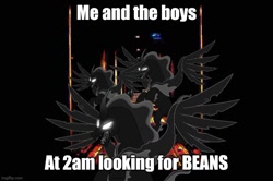 Size: 750x499 | Tagged: safe, artist:negatif22, pony of shadows, g4, caption, image macro, me and the boys at 2am looking for beans, meme, multeity, text