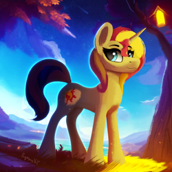 Size: 3000x3000 | Tagged: safe, artist:pegasusyay, sunset shimmer, pony, unicorn, g4, concave belly, female, high res, light, lighting, looking back, mare, night, outdoors, scenery, smiling, solo, starry sky, stars
