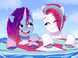 Size: 3409x2540 | Tagged: safe, artist:maren, misty brightdawn, zipp storm, pegasus, pony, unicorn, g5, hot day huh?, my little pony: tell your tale, spoiler:g5, spoiler:my little pony: tell your tale, spoiler:tyts01e57, adorazipp, bracelet, cute, duo, duo female, eye clipping through hair, eyebrows, eyebrows visible through hair, female, freckles, friendship bracelet, grin, happy, high res, jewelry, looking at each other, looking at someone, mare, mistybetes, ocean, one eye closed, open mouth, open smile, rebirth misty, signature, smiling, smiling at each other, surfboard, unshorn fetlocks, water, wet, wet mane