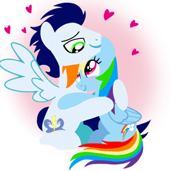 Size: 1400x1400 | Tagged: safe, artist:mlplary6, rainbow dash, soarin', pegasus, pony, g4, blushing, boyfriend and girlfriend, female, heart, hug, looking at each other, looking at someone, love, male, mare, ship:soarindash, shipping, sitting, smiling, smiling at each other, stallion, straight