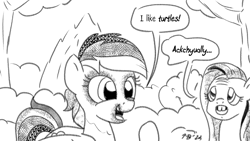 Size: 1200x675 | Tagged: safe, artist:pony-berserker, fluttershy, rainbow dash, pegasus, pony, pony-berserker's twitter sketches, pony-berserker's twitter sketches (2023), g4, ackshyually, bucktooth, dialogue, duo, grayscale, i like turtles, meme, meme reference, monochrome, simple background, speech bubble, white background