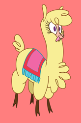 Size: 1550x2350 | Tagged: safe, artist:nonameorous, paprika (tfh), alpaca, them's fightin' herds, cloven hooves, community related, pink background, shrunken pupils, simple background, smiling, solo, standing, tongue out