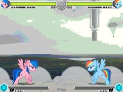 Size: 994x746 | Tagged: safe, artist:tom artista, firefly, rainbow dash, human, pegasus, pony, fighting is magic, g1, g4, beautiful, cloud, falling down, fan game, new, palette swap, parachute, recolor, self paradox, self ponidox, sky, stage, tower