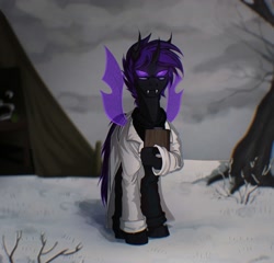 Size: 1998x1919 | Tagged: safe, artist:chevapchichi_, oc, oc:tabmor, changeling, pony, equestria at war mod, changeling oc, clothes, fangs, glasses, lab coat, looking at you, male, purple changeling, purple eyes, scientist, snow, solo, stallion, tablet, tent, tree, winter