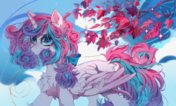 Size: 3684x2228 | Tagged: safe, artist:kefirro7, princess flurry heart, alicorn, pony, g4, blue eyes, bow, chest fluff, curly hair, ear fluff, female, fluffy, hair bow, high res, leaves, looking at you, mare, smiling, solo