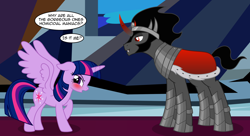 Size: 3262x1777 | Tagged: safe, artist:badumsquish, derpibooru exclusive, king sombra, twilight sparkle, alicorn, pony, unicorn, g4, the beginning of the end, armor, batman and robin, bedroom eyes, blushing, canterlot, canterlot castle, clothes, crown, crystal, dialogue, duo, embarrassed, eyes on the prize, fangs, female, floppy ears, high res, horny, jewelry, looking away, male, mare, raised hoof, regalia, robe, ship:twibra, shipping, show accurate, smiling, smirk, spread wings, stallion, straight, stupid sexy sombra, talking to herself, turned on, twilight sparkle (alicorn), wingboner, wings