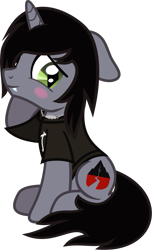 Size: 713x1176 | Tagged: safe, artist:lightningbolt, derpibooru exclusive, pony, unicorn, g4, .svg available, blushing, clothes, disguise, disguised siren, ears back, fangs, happy, horn, jewelry, kellin quinn, looking back, male, necklace, ponified, raised hoof, shirt, show accurate, simple background, sitting, sleeping with sirens, slit pupils, smiling, solo, stallion, svg, t-shirt, transparent background, vector
