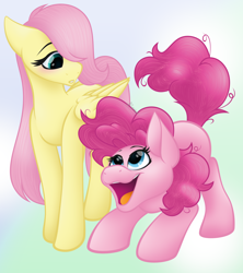 Size: 3990x4488 | Tagged: safe, artist:feather_bloom, fluttershy, pinkie pie, earth pony, pegasus, pony, g4, absurd resolution, behaving like a dog, blushing, crouching, duo, excited, female, filly, foal, hair over one eye, happy, looking at each other, looking at someone, open mouth, open smile, puppy pie, shading, simple background, smiling, standing, turned head, wings, younger