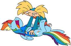 Size: 904x585 | Tagged: safe, artist:muhammad yunus, artist:noi kincade, rainbow dash, human, pegasus, pony, g4, arnold shortman, clothes, converse, crossover, female, grin, hat, hey arnold, hey arnold: the jungle movie, jacket, laughing, male, nickelodeon, pants, shirt, shoes, simple background, smiling, tickling, transparent background