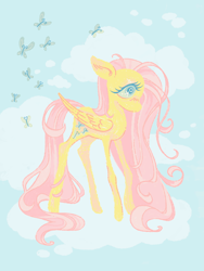 Size: 1200x1600 | Tagged: safe, artist:queenrosedust, fluttershy, butterfly, pegasus, pony, g4, cloud, cloudy, on a cloud, sky, solo, standing on a cloud