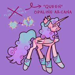 Size: 1000x1000 | Tagged: safe, artist:sillyfillies, opaline arcana, princess flurry heart, alicorn, pony, g5, alternate design, alternate name, alternate universe, colored wings, concave belly, female, folded wings, gradient horn, gradient legs, gradient mane, gradient tail, gradient wings, horn, long horn, mare, older, older flurry heart, purple background, side view, simple background, slender, solo, tail, thin, wings