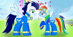 Size: 1980x1020 | Tagged: safe, artist:mlplary6, rainbow dash, soarin', pegasus, pony, g4, aviator goggles, boyfriend and girlfriend, clothes, female, glasses, goggles, heart, looking at each other, looking at someone, love, male, mare, ship:soarindash, shipping, smiling, smiling at each other, stallion, straight, uniform, wonderbolts, wonderbolts headquarters, wonderbolts uniform