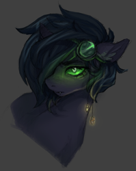 Size: 2800x3513 | Tagged: safe, artist:tendocake, oc, oc only, oc:korroki, earth pony, pony, brown background, bust, dark background, ear fluff, ear piercing, earring, fangs, glowing, glowing eyes, goggles, goggles on head, gray coat, gray mane, green eyes, high res, jewelry, piercing, portrait, serious, serious face, simple background, solo
